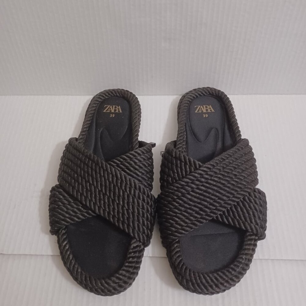ZARA ROPE SLIDE SANDALS BLACK SIZE 39